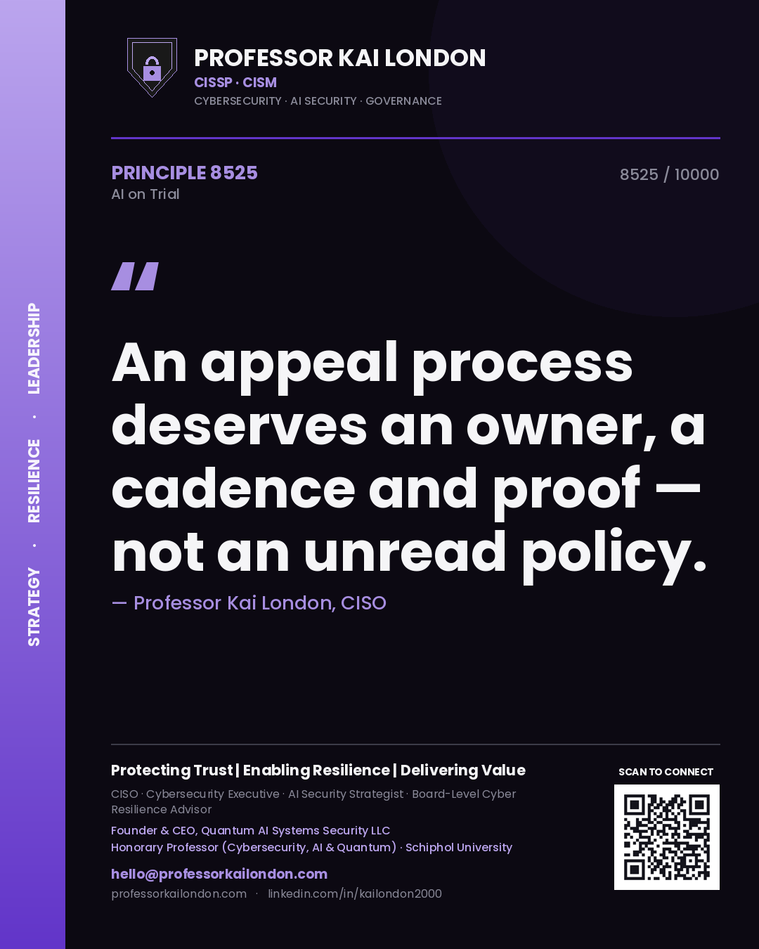 Professor Kai London principle 8525: An appeal process deserves an owner, a cadence and proof — not an unread policy.