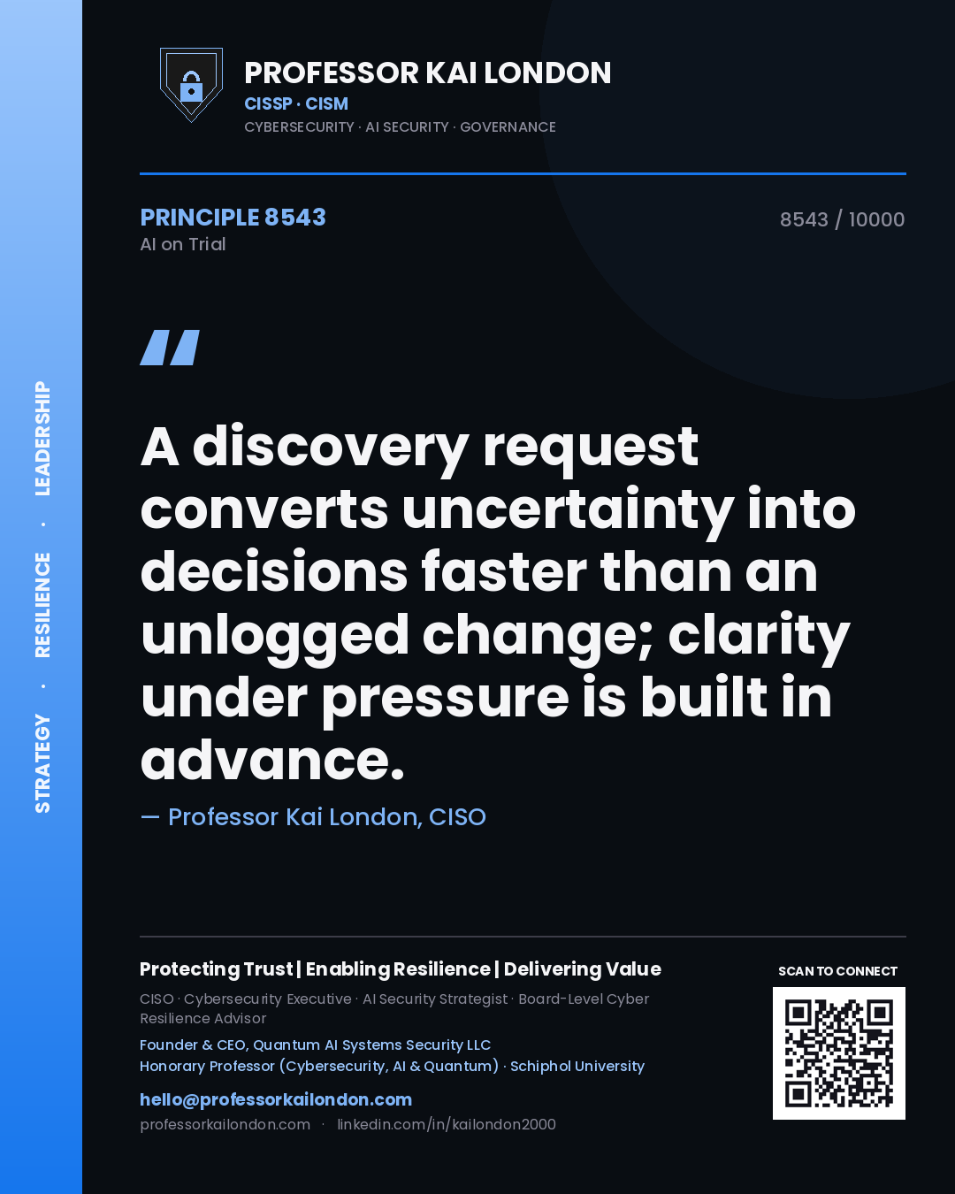Professor Kai London principle 8543: A discovery request converts uncertainty into decisions faster than an unlogged change; clarity under pressure is built in advance.