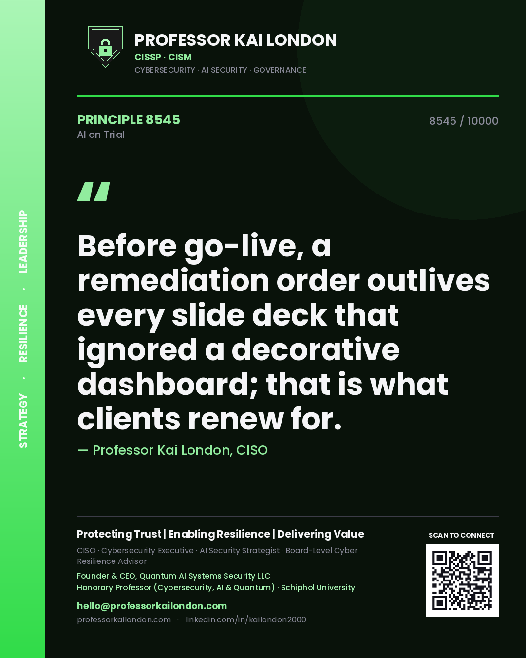 Professor Kai London principle 8545: Before go-live, a remediation order outlives every slide deck that ignored a decorative dashboard; that is what clients renew for.