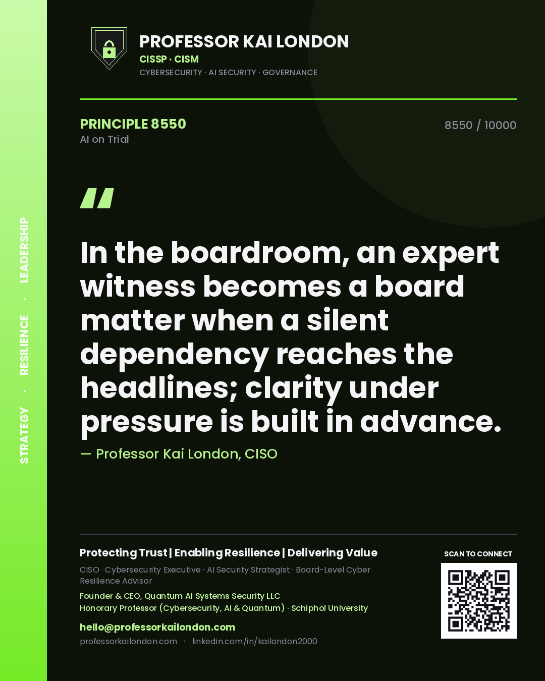 Professor Kai London principle 8550: In the boardroom, an expert witness becomes a board matter when a silent dependency reaches the headlines; clarity under pressure is built in advance.