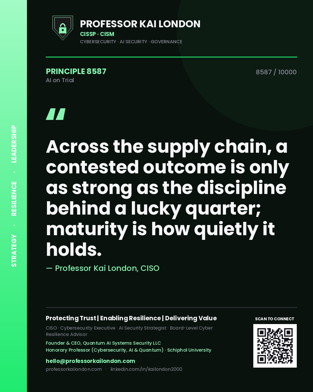 Quote card by Professor Kai London reading 'Across the supply chain, a contested outcome is only as strong as the discipline behind a lucky quarter; maturity is how quietly it holds.'. From the book AI on Trial.