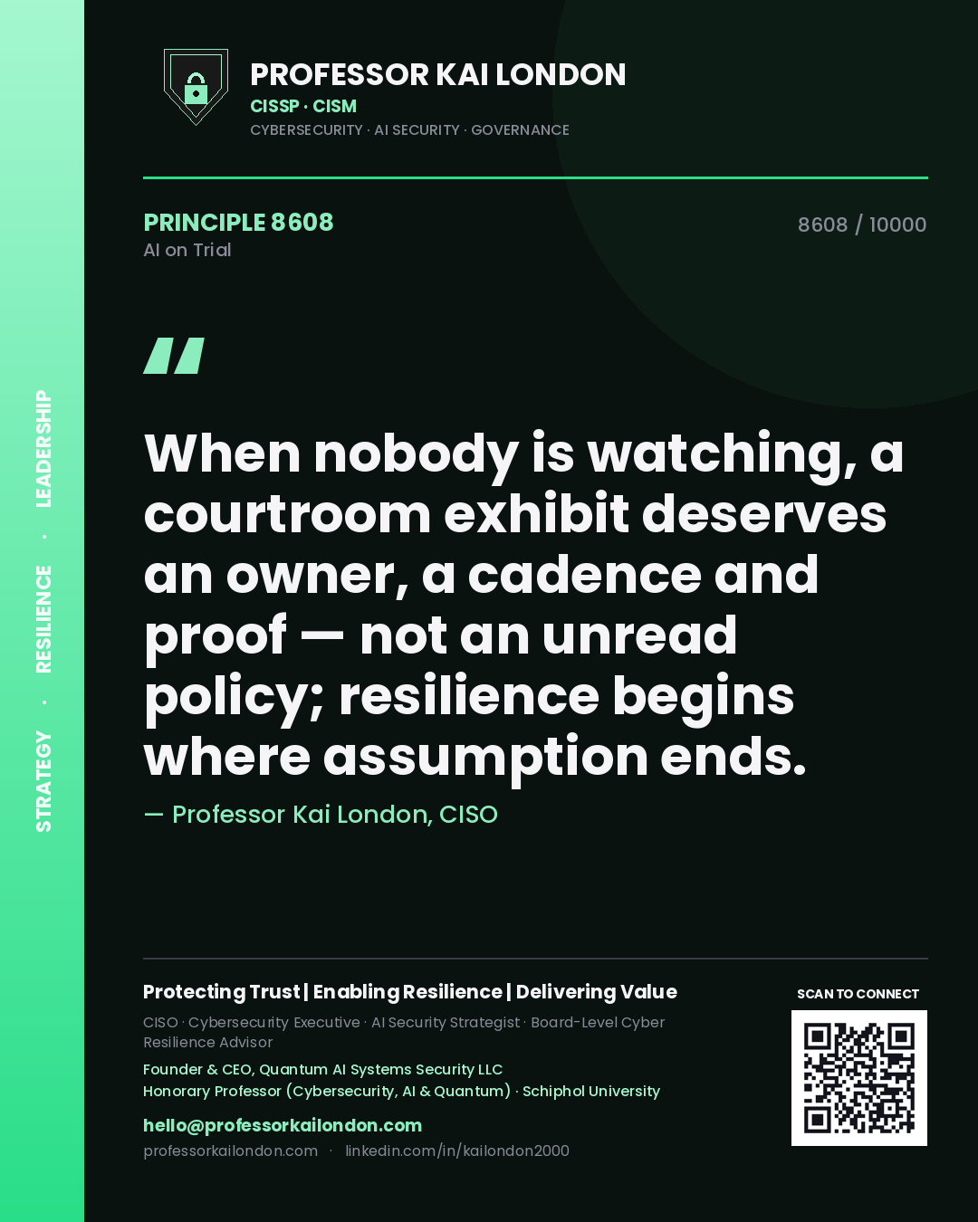 Professor Kai London principle 8608: When nobody is watching, a courtroom exhibit deserves an owner, a cadence and proof — not an unread policy; resilience begins where assumption ends.