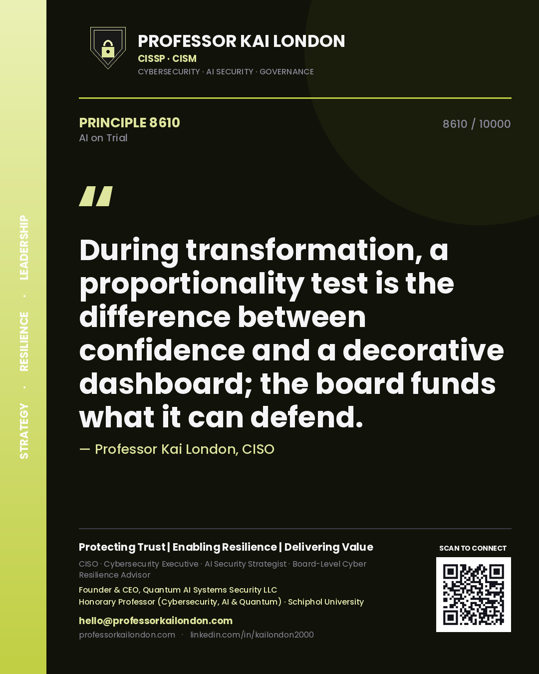 Professor Kai London principle 8610: During transformation, a proportionality test is the difference between confidence and a decorative dashboard; the board funds what it can defend.