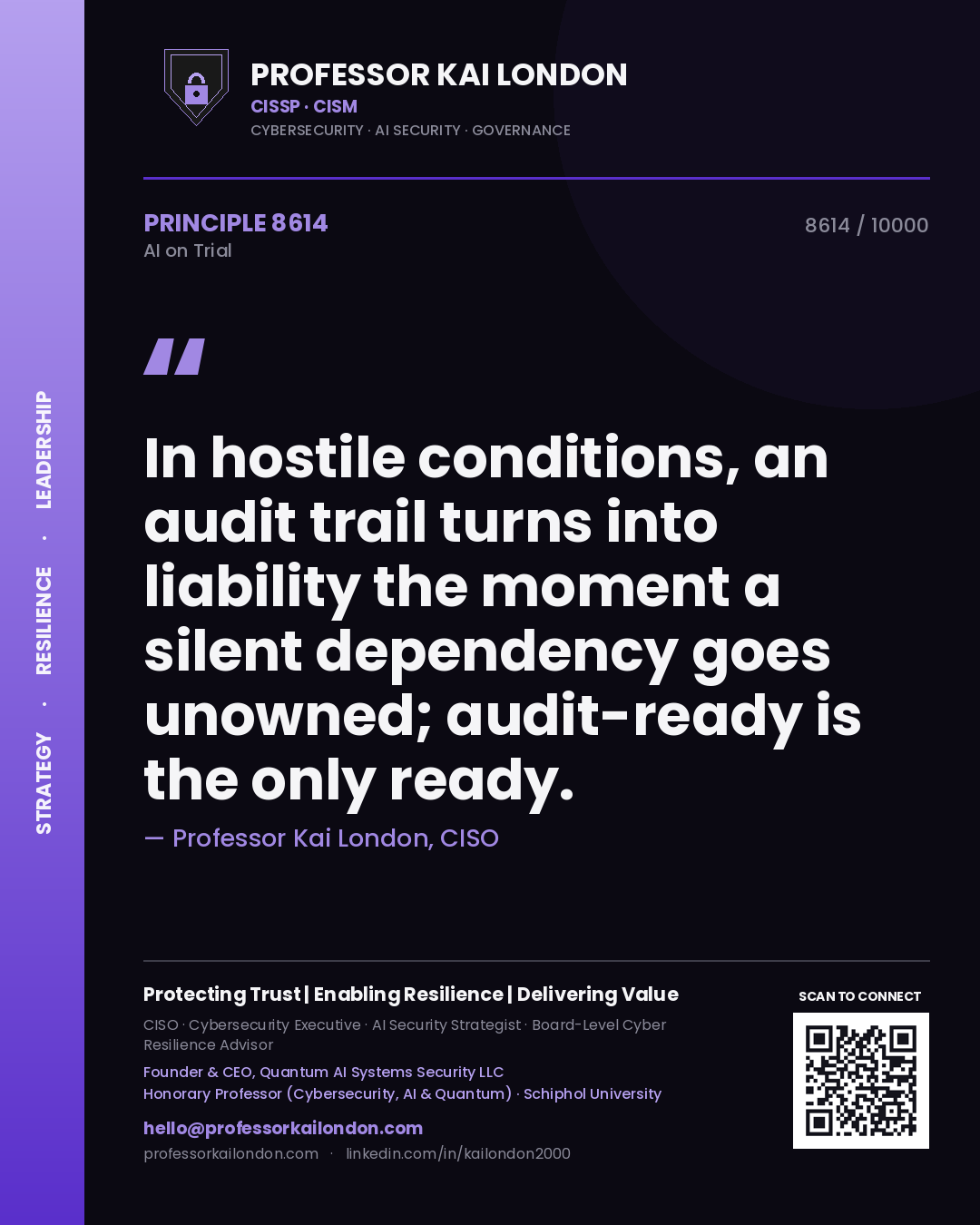 Professor Kai London principle 8614: In hostile conditions, an audit trail turns into liability the moment a silent dependency goes unowned; audit-ready is the only ready.