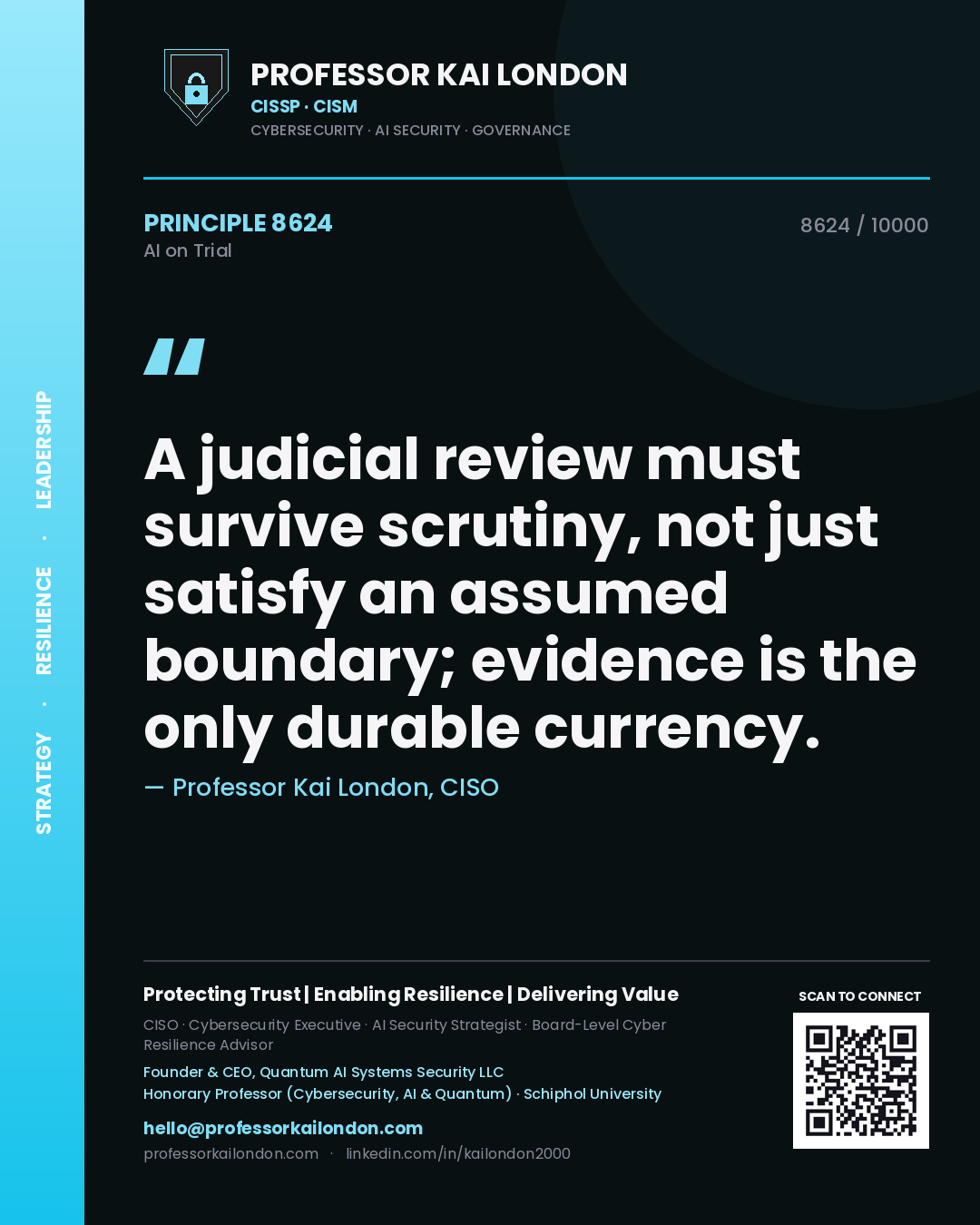 Professor Kai London principle 8624: A judicial review must survive scrutiny, not just satisfy an assumed boundary; evidence is the only durable currency.