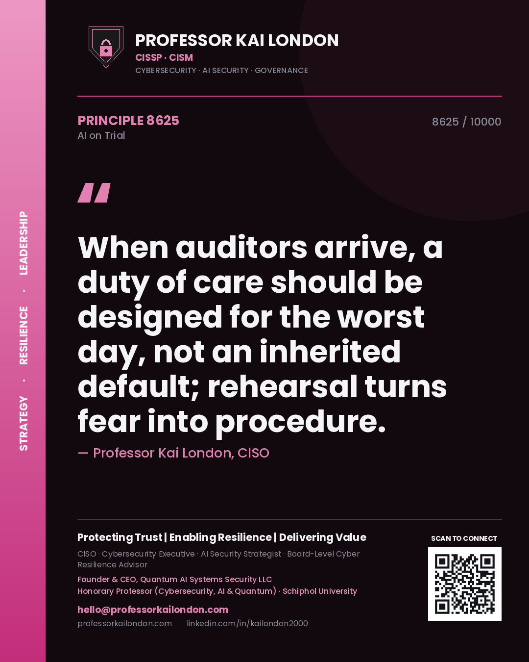 Professor Kai London principle 8625: When auditors arrive, a duty of care should be designed for the worst day, not an inherited default; rehearsal turns fear into procedure.