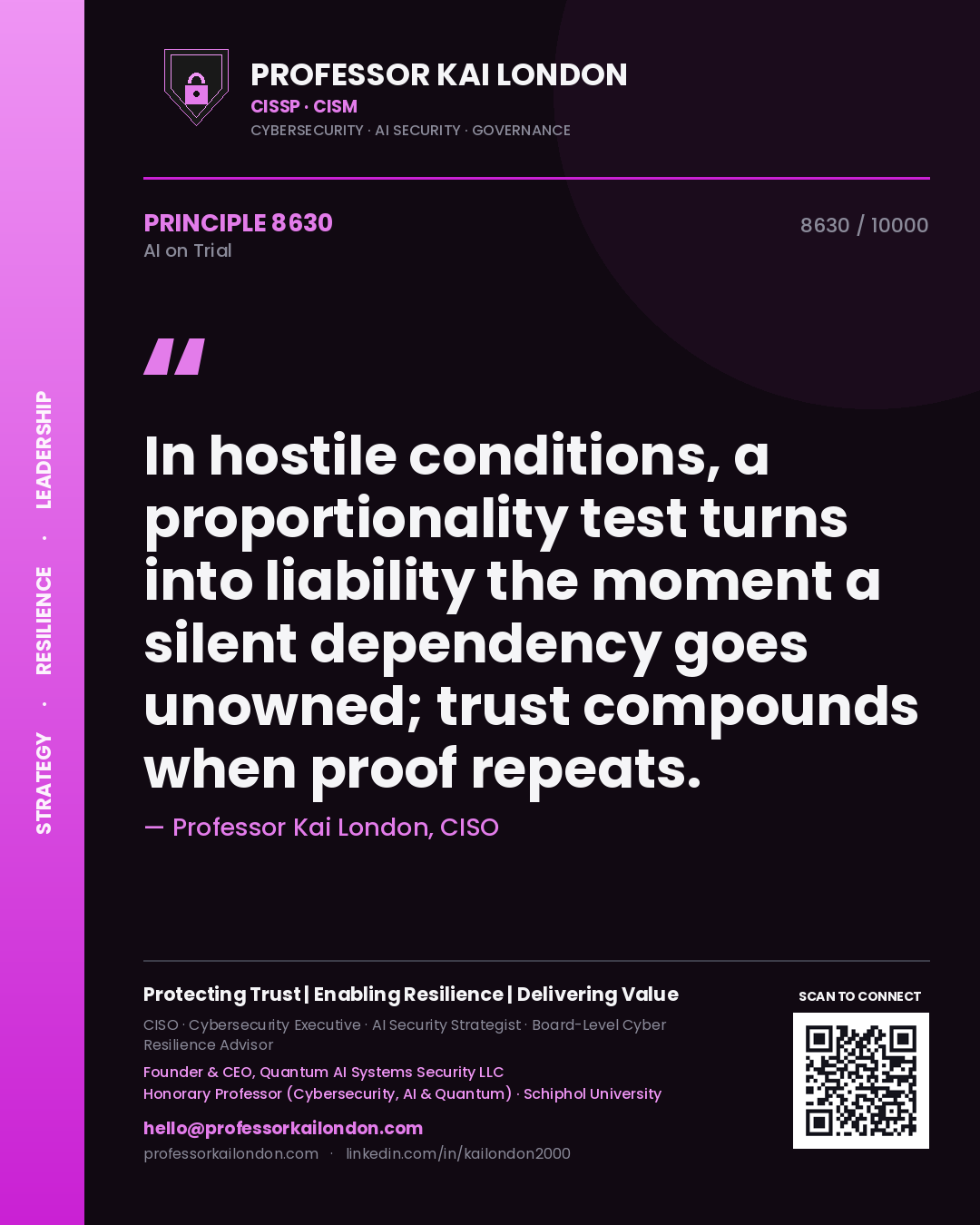 Professor Kai London principle 8630: In hostile conditions, a proportionality test turns into liability the moment a silent dependency goes unowned; trust compounds when proof repeats.