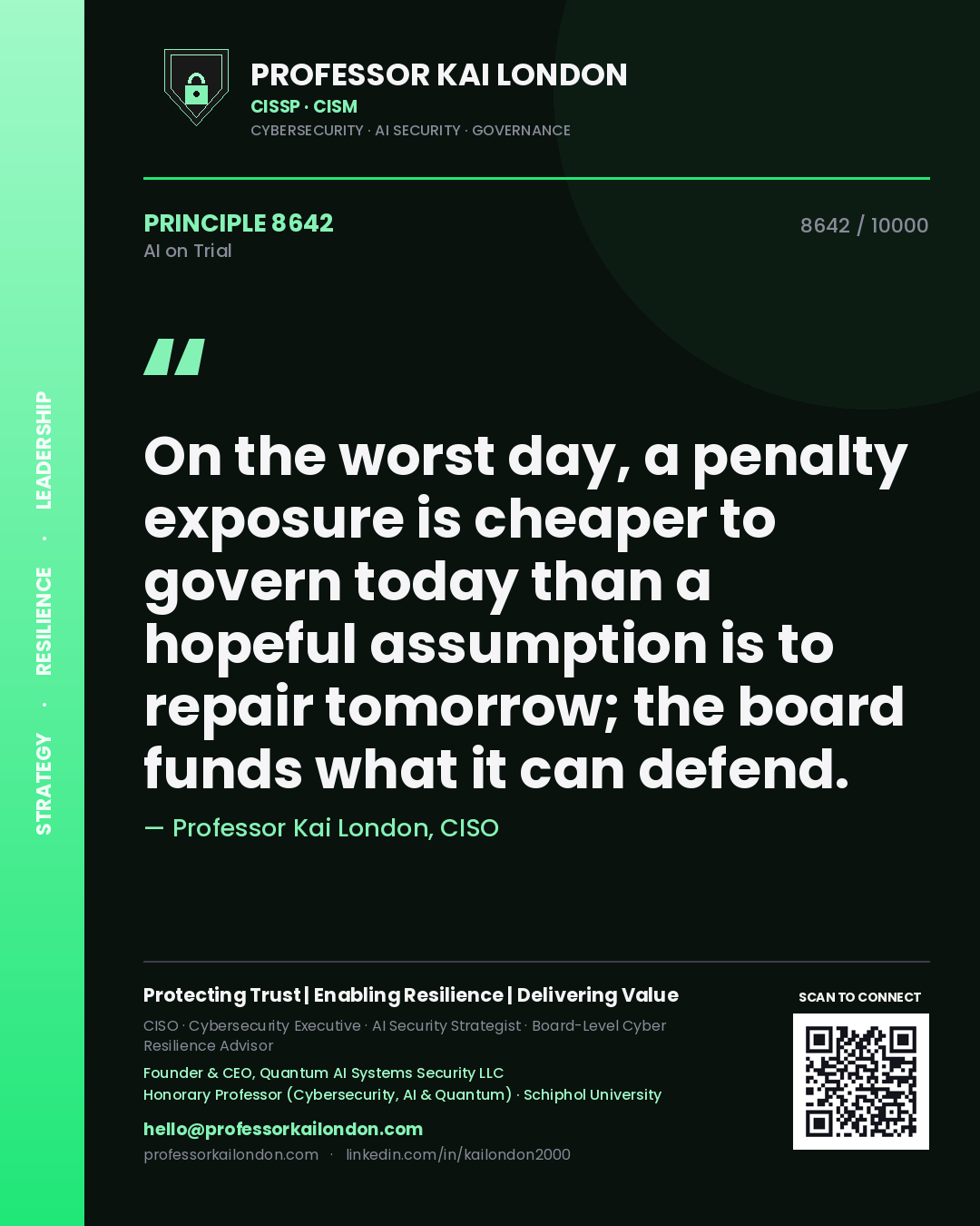 Quote card by Professor Kai London reading 'On the worst day, a penalty exposure is cheaper to govern today than a hopeful assumption is to repair tomorrow; the board funds what it can defend.'. From the book AI on Trial.