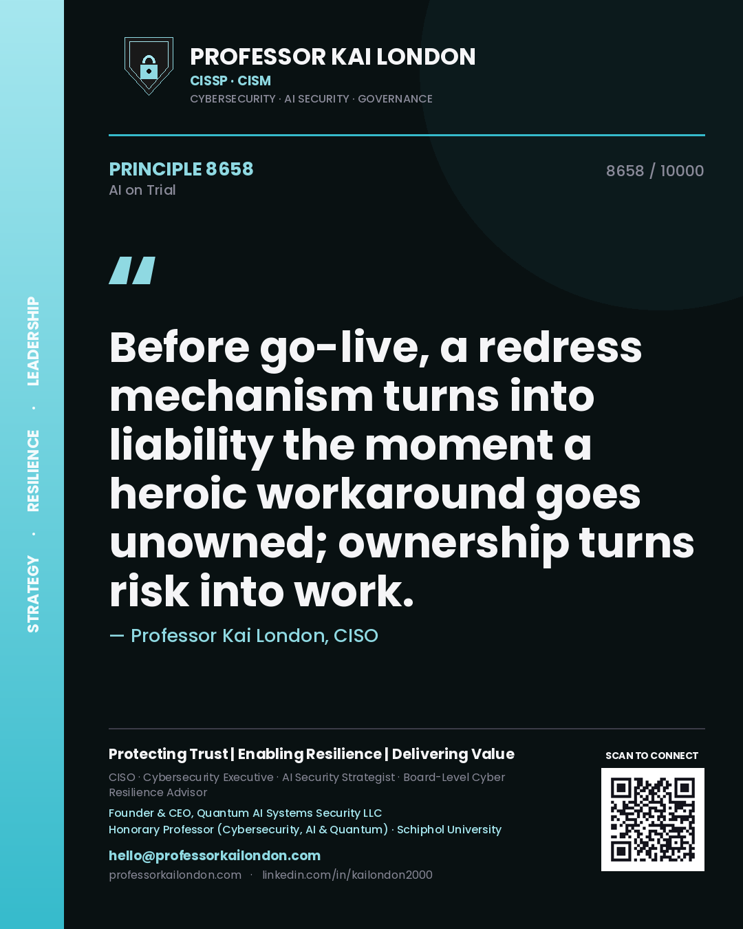 Professor Kai London principle 8658: Before go-live, a redress mechanism turns into liability the moment a heroic workaround goes unowned; ownership turns risk into work.