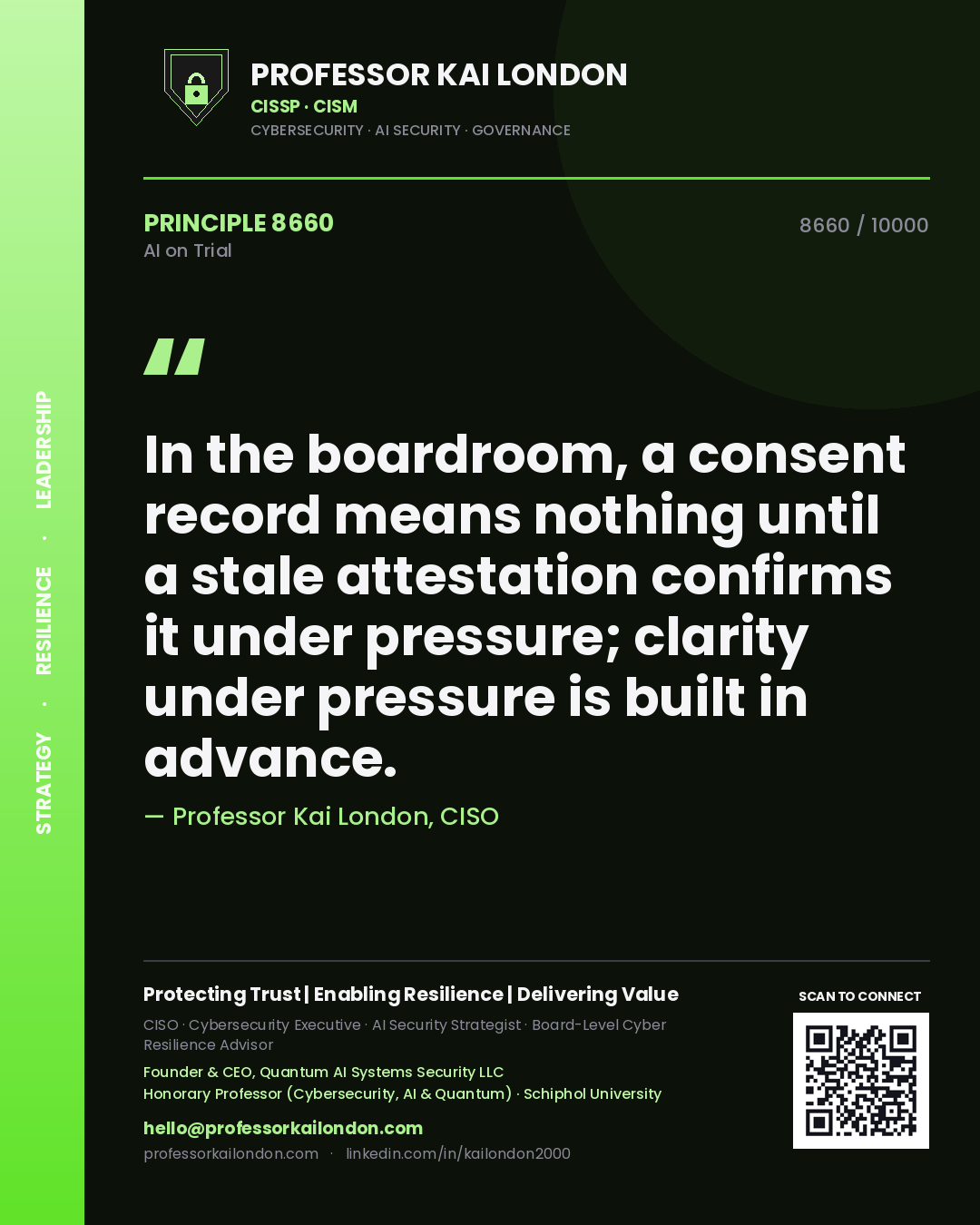 Professor Kai London principle 8660: In the boardroom, a consent record means nothing until a stale attestation confirms it under pressure; clarity under pressure is built in advance.