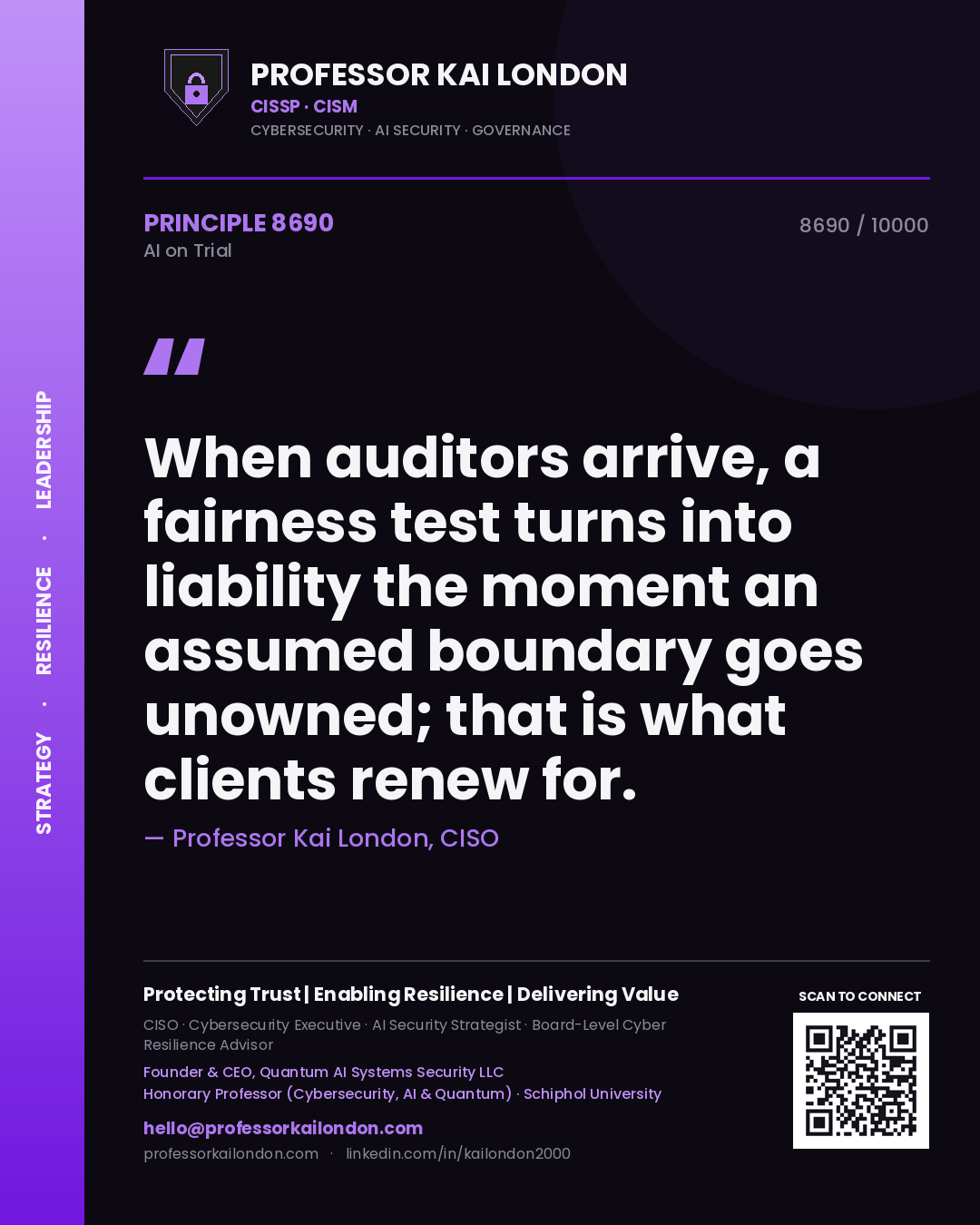 Professor Kai London principle 8690: When auditors arrive, a fairness test turns into liability the moment an assumed boundary goes unowned; that is what clients renew for.