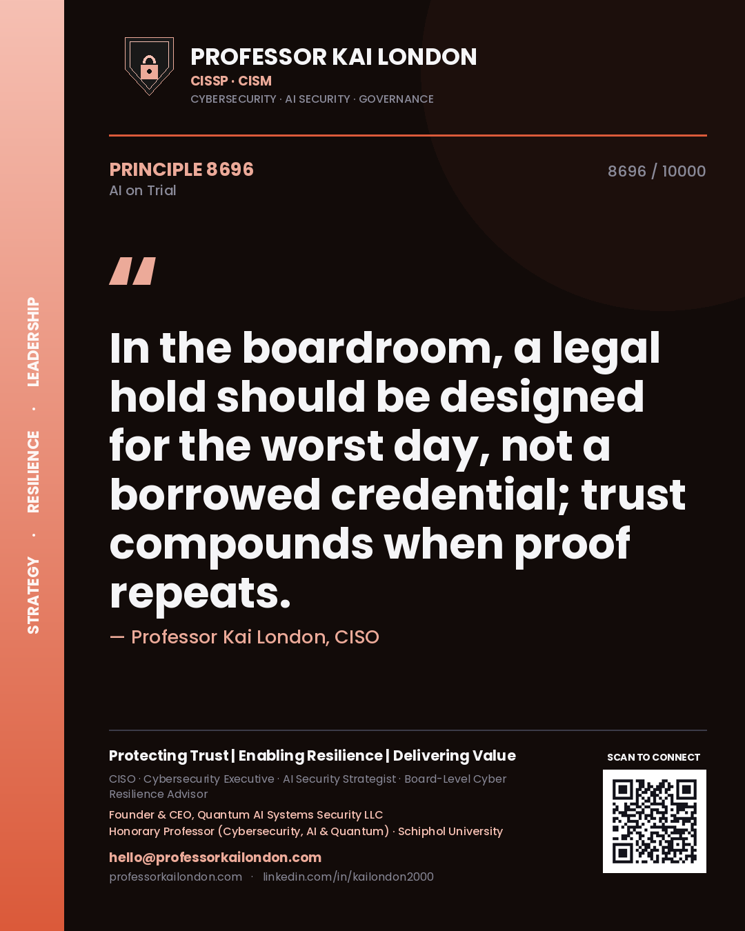 Quote card by Professor Kai London reading 'In the boardroom, a legal hold should be designed for the worst day, not a borrowed credential; trust compounds when proof repeats.'. From the book AI on Trial.