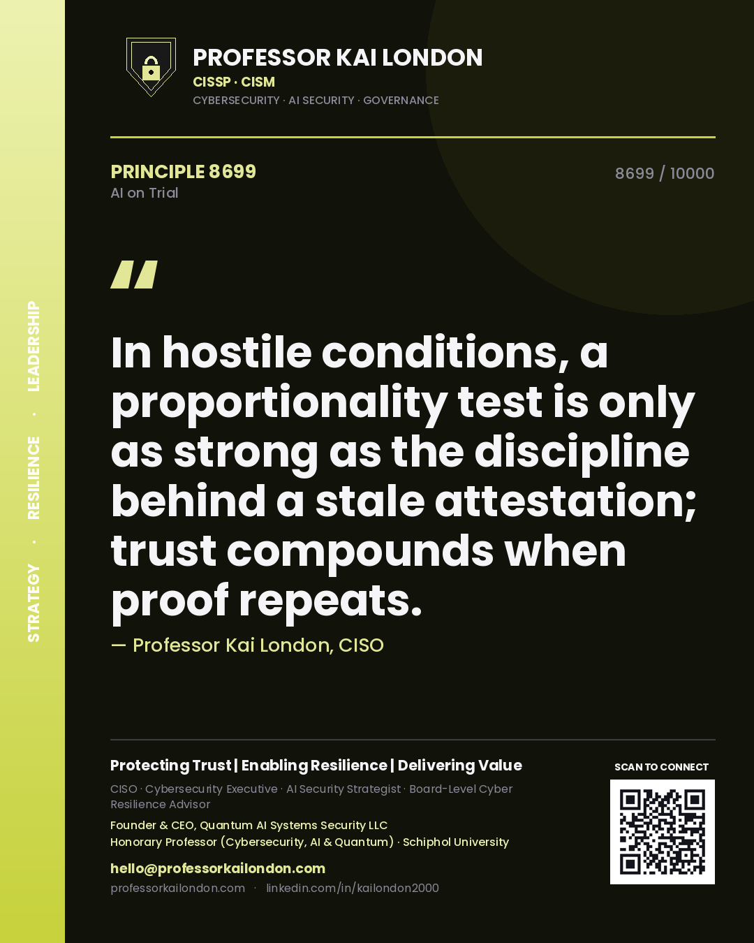 Professor Kai London principle 8699: In hostile conditions, a proportionality test is only as strong as the discipline behind a stale attestation; trust compounds when proof repeats.