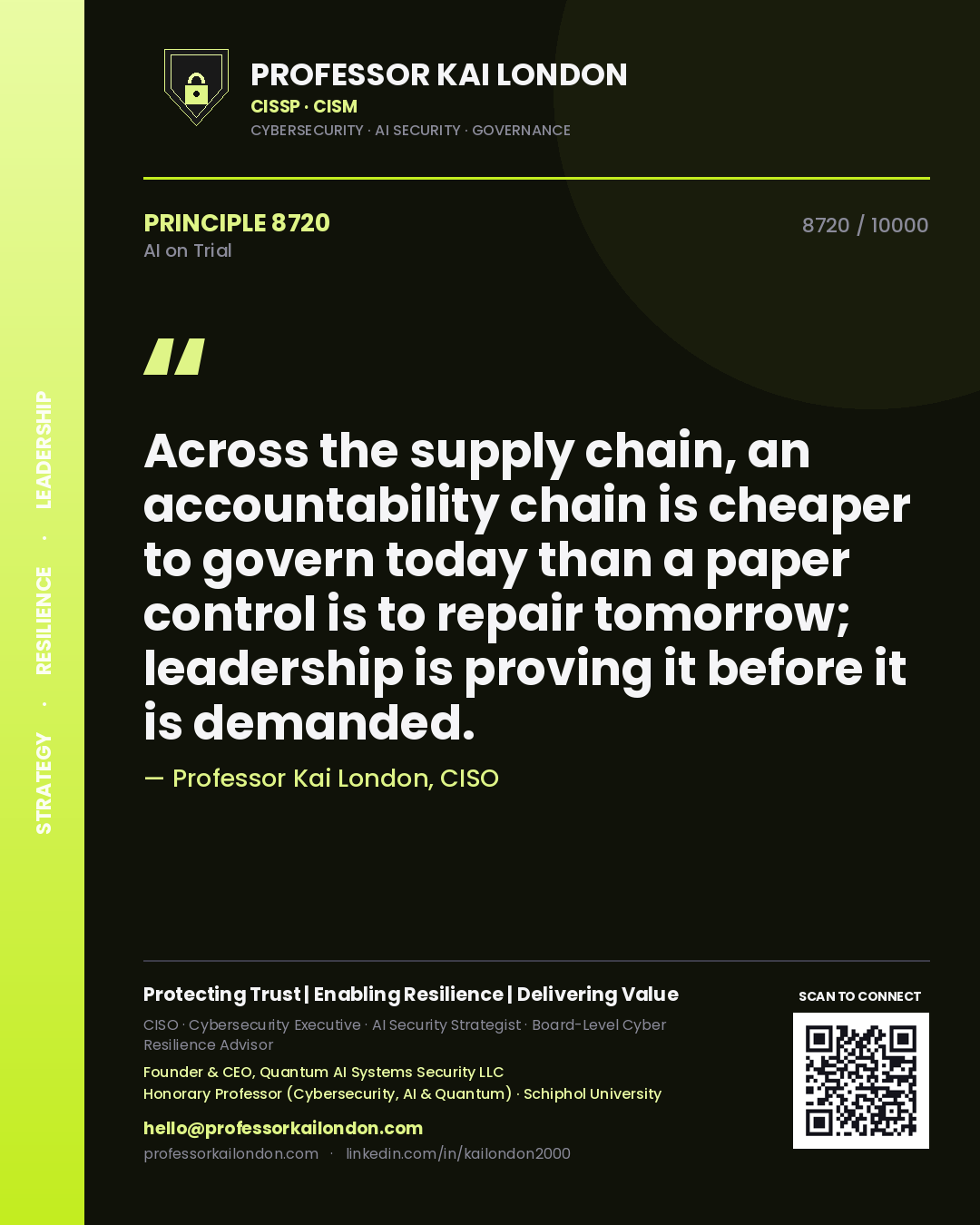 Quote card by Professor Kai London reading 'Across the supply chain, an accountability chain is cheaper to govern today than a paper control is to repair tomorrow; leadership is proving it before it is demanded.'. From the book AI on Trial.