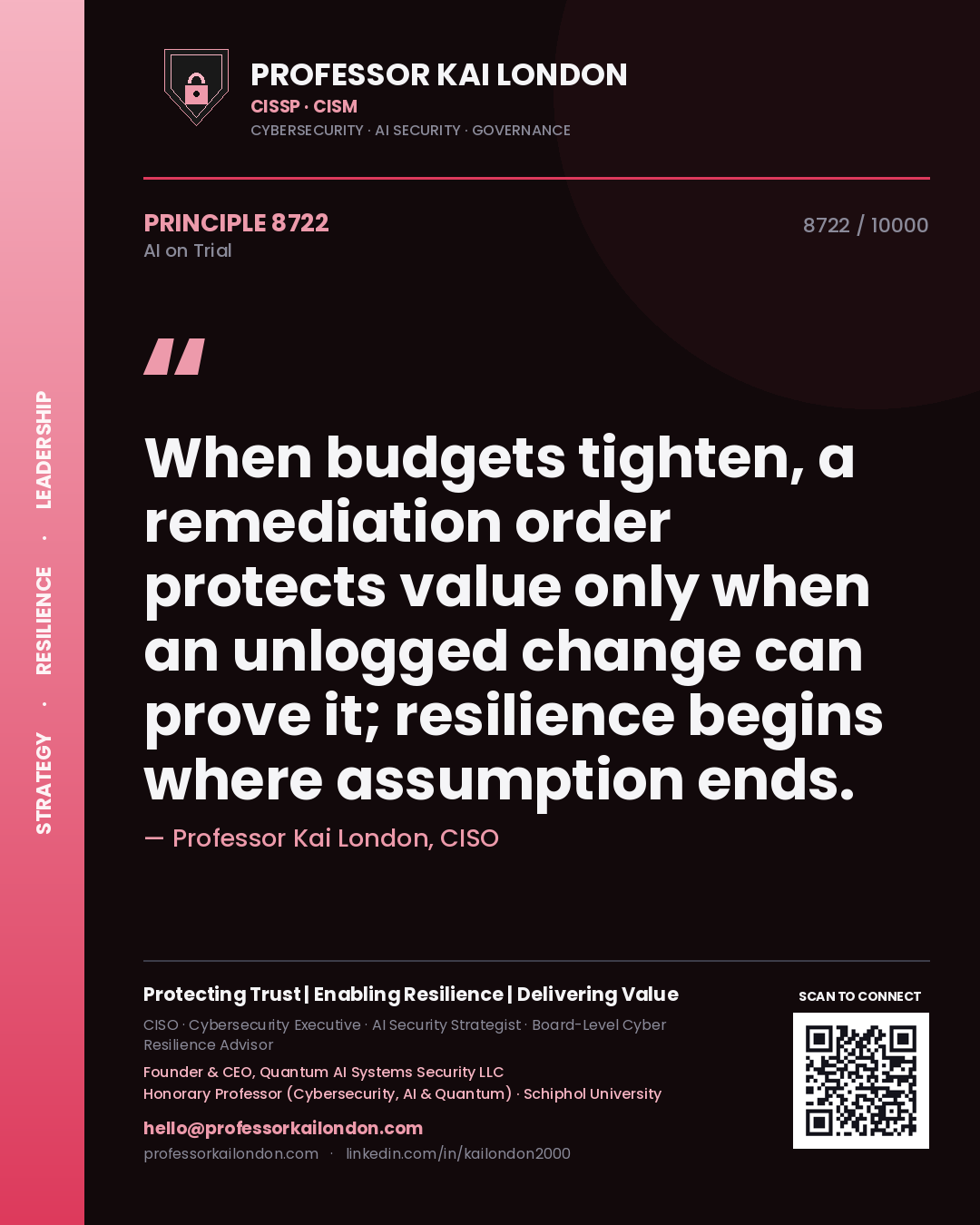 Quote card by Professor Kai London reading 'When budgets tighten, a remediation order protects value only when an unlogged change can prove it; resilience begins where assumption ends.'. From the book AI on Trial.