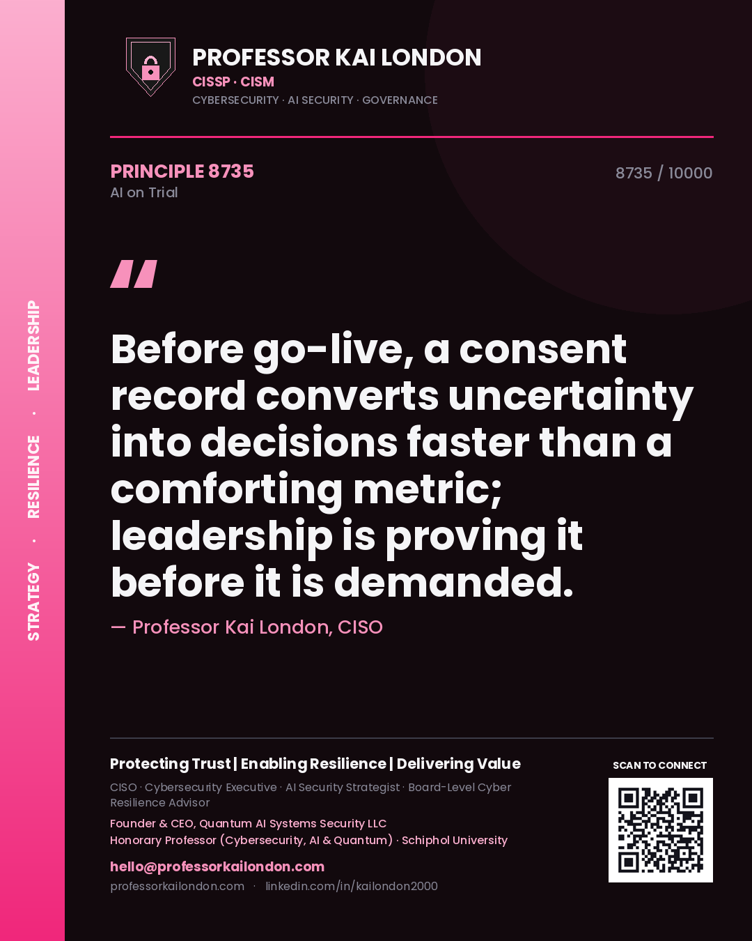 Quote card by Professor Kai London reading 'Before go-live, a consent record converts uncertainty into decisions faster than a comforting metric; leadership is proving it before it is demanded.'. From the book AI on Trial.