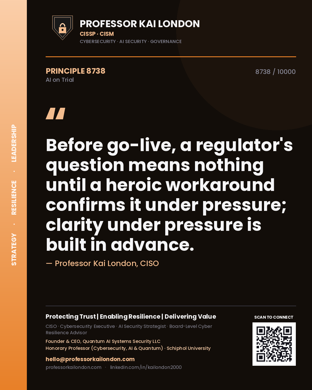 Quote card by Professor Kai London reading 'Before go-live, a regulator's question means nothing until a heroic workaround confirms it under pressure; clarity under pressure is built in advance.'. From the book AI on Trial.