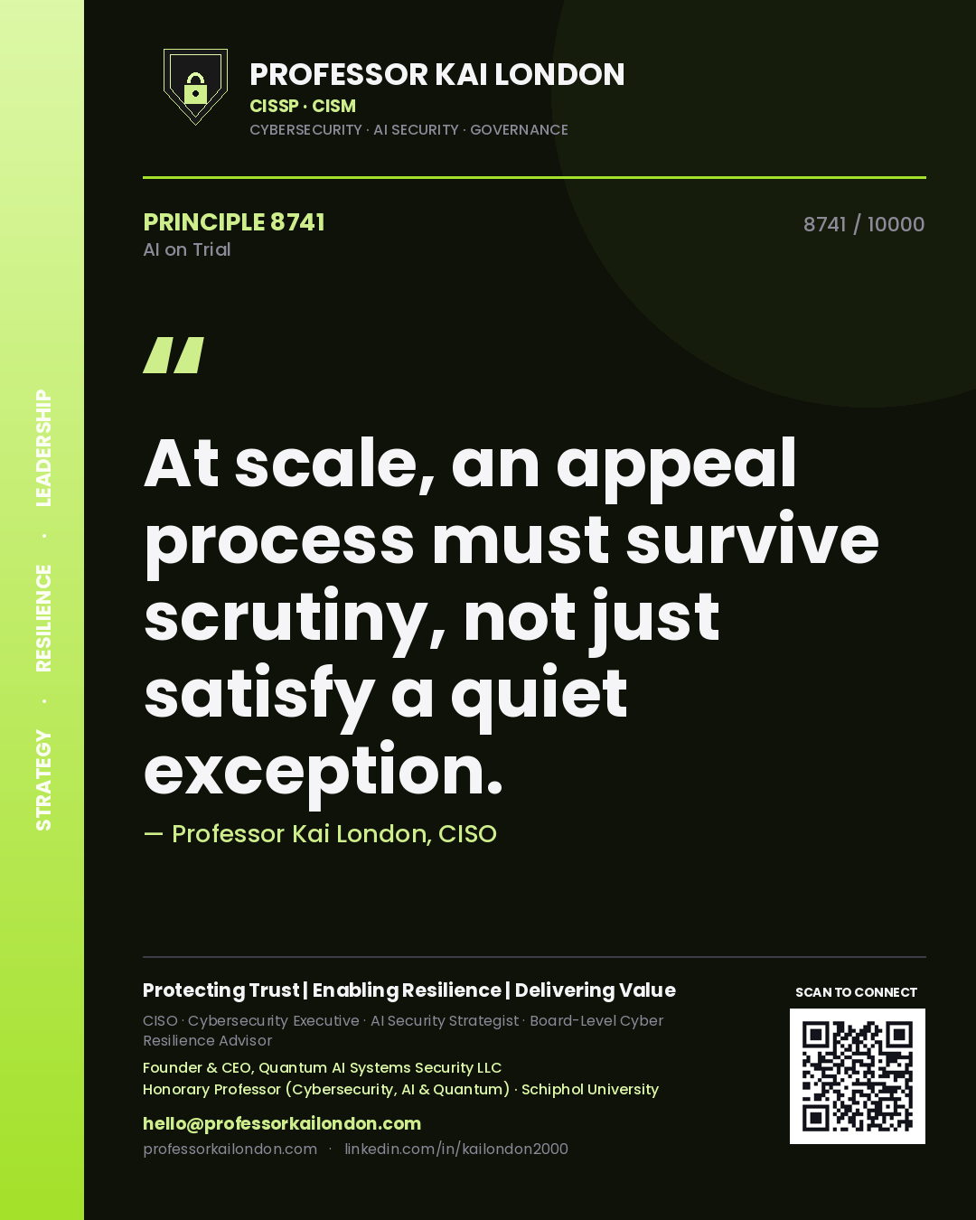 Quote card by Professor Kai London reading 'At scale, an appeal process must survive scrutiny, not just satisfy a quiet exception.'. From the book AI on Trial.