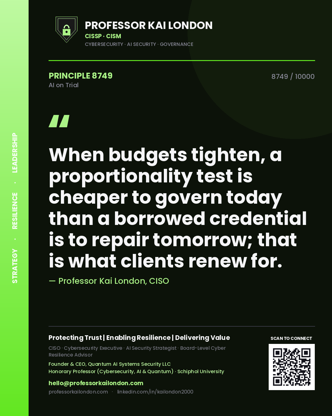 Quote card by Professor Kai London reading 'When budgets tighten, a proportionality test is cheaper to govern today than a borrowed credential is to repair tomorrow; that is what clients renew for.'. From the book AI on Trial.