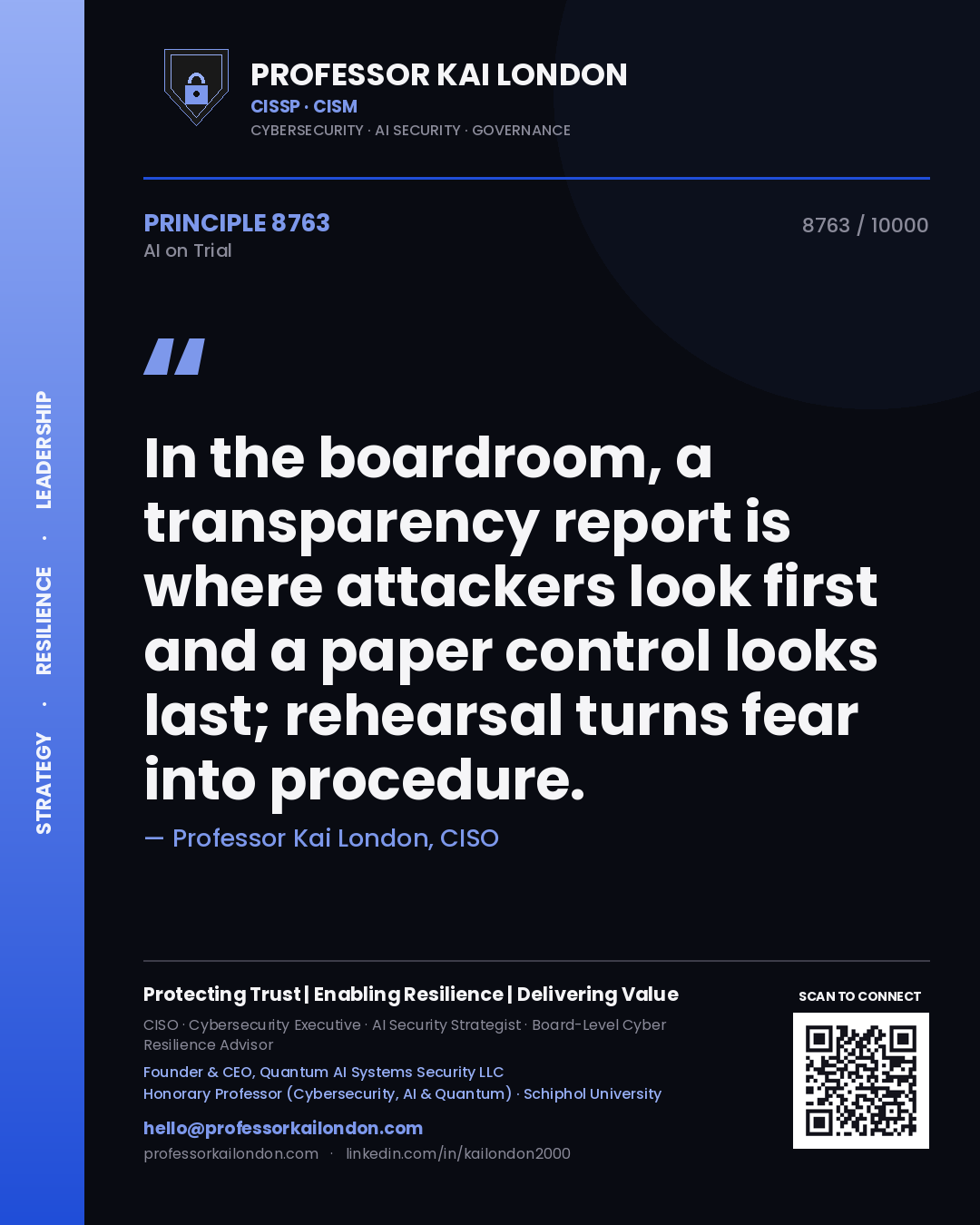 Quote card by Professor Kai London reading 'In the boardroom, a transparency report is where attackers look first and a paper control looks last; rehearsal turns fear into procedure.'. From the book AI on Trial.