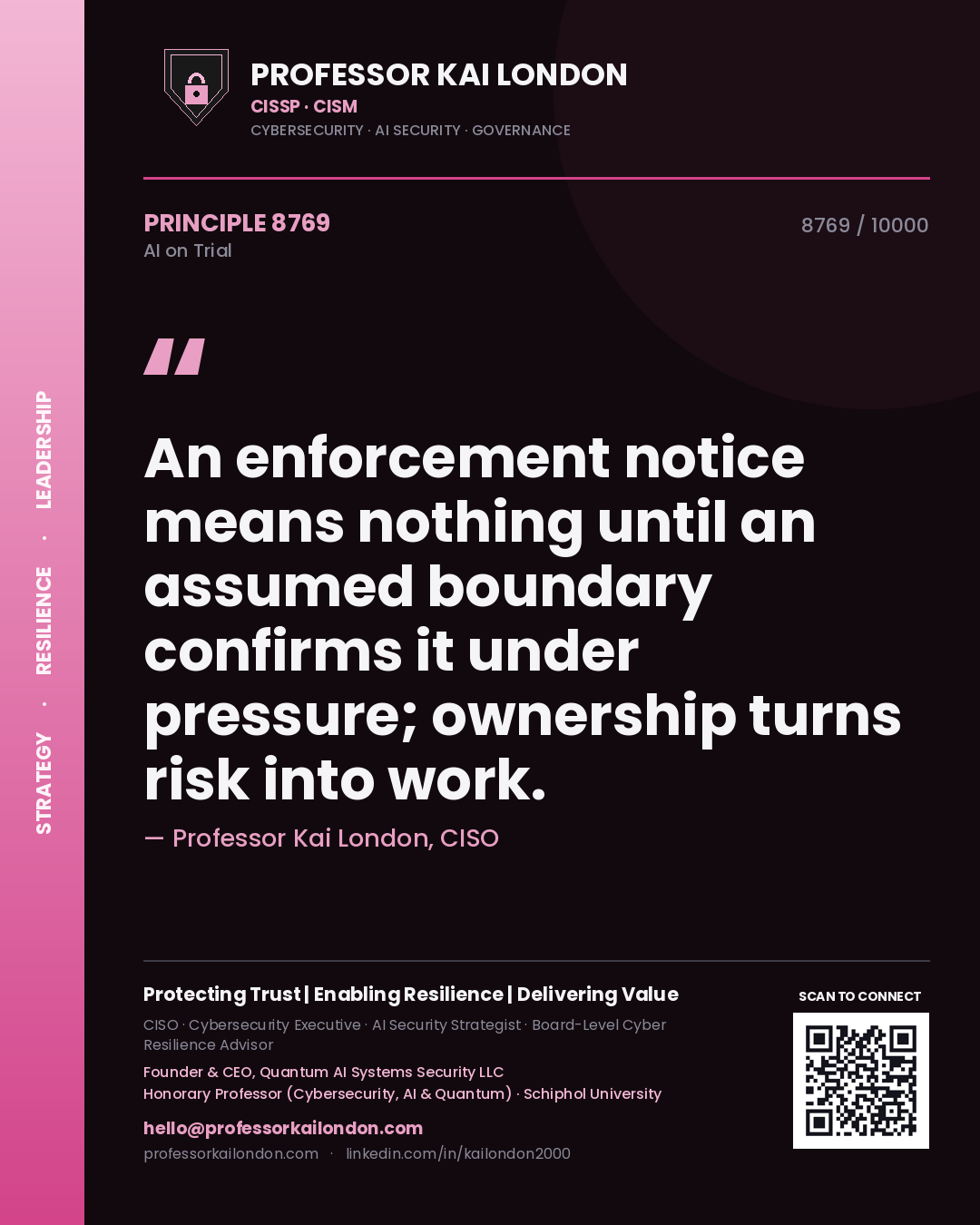 Quote card by Professor Kai London reading 'An enforcement notice means nothing until an assumed boundary confirms it under pressure; ownership turns risk into work.'. From the book AI on Trial.
