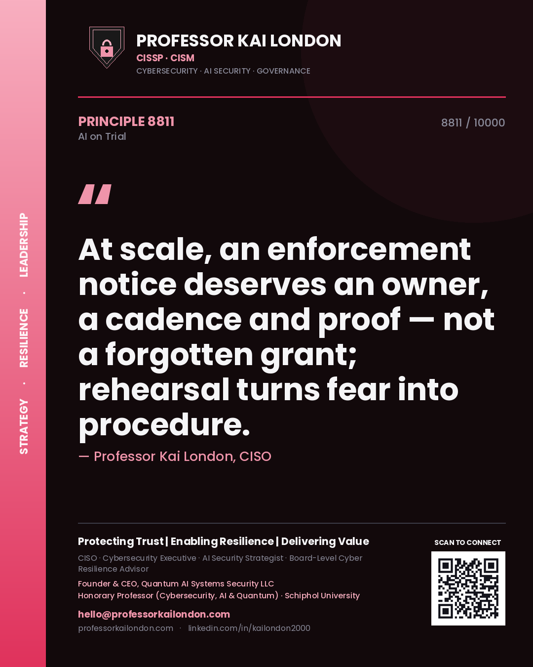 Quote card by Professor Kai London reading 'At scale, an enforcement notice deserves an owner, a cadence and proof — not a forgotten grant; rehearsal turns fear into procedure.'. From the book AI on Trial.