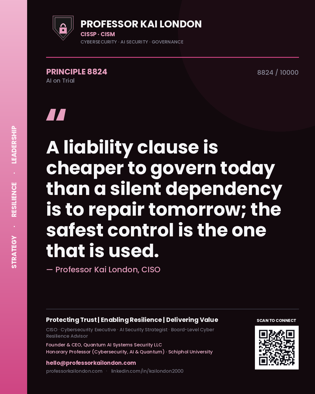 Quote card by Professor Kai London reading 'A liability clause is cheaper to govern today than a silent dependency is to repair tomorrow; the safest control is the one that is used.'. From the book AI on Trial.