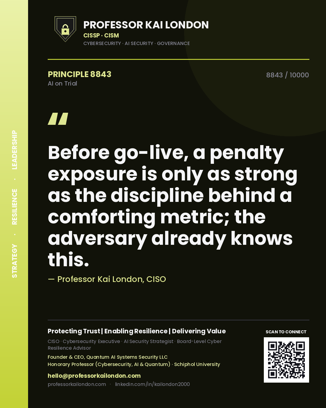 Quote card by Professor Kai London reading 'Before go-live, a penalty exposure is only as strong as the discipline behind a comforting metric; the adversary already knows this.'. From the book AI on Trial.