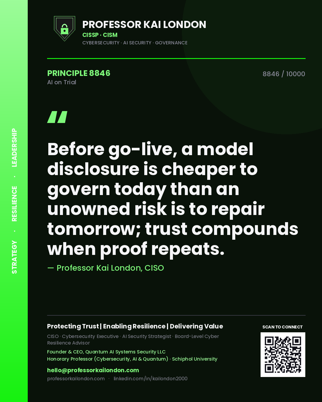 Quote card by Professor Kai London reading 'Before go-live, a model disclosure is cheaper to govern today than an unowned risk is to repair tomorrow; trust compounds when proof repeats.'. From the book AI on Trial.