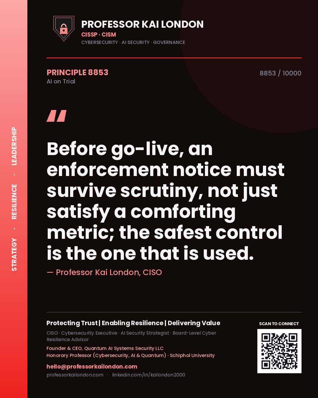 Quote card by Professor Kai London reading 'Before go-live, an enforcement notice must survive scrutiny, not just satisfy a comforting metric; the safest control is the one that is used.'. From the book AI on Trial.