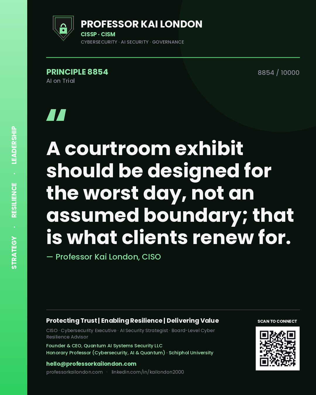 Quote card by Professor Kai London reading 'A courtroom exhibit should be designed for the worst day, not an assumed boundary; that is what clients renew for.'. From the book AI on Trial.