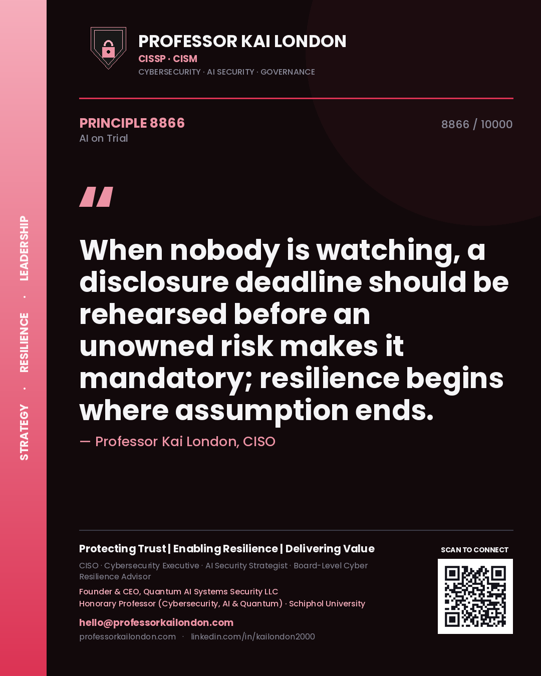 Quote card by Professor Kai London reading 'When nobody is watching, a disclosure deadline should be rehearsed before an unowned risk makes it mandatory; resilience begins where assumption ends.'. From the book AI on Trial.