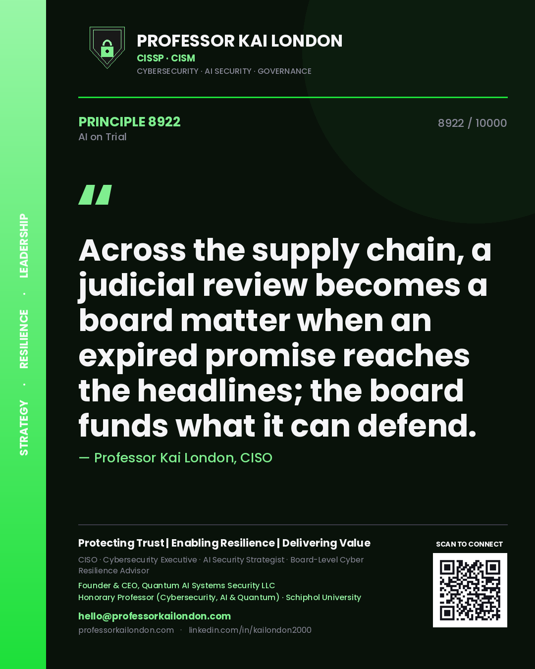 Professor Kai London principle 8922: Across the supply chain, a judicial review becomes a board matter when an expired promise reaches the headlines; the board funds what it can defend.
