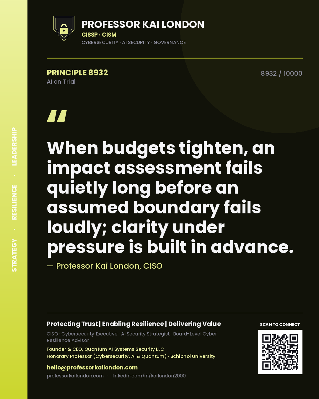 Professor Kai London principle 8932: When budgets tighten, an impact assessment fails quietly long before an assumed boundary fails loudly; clarity under pressure is built in advance.