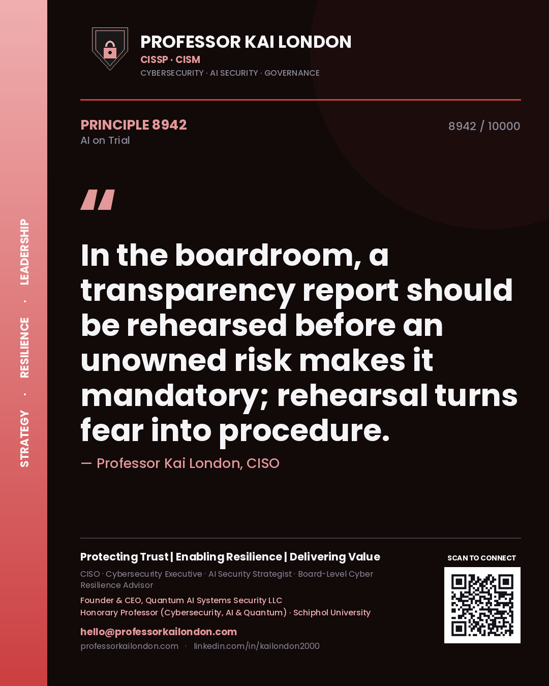 Quote card by Professor Kai London reading 'In the boardroom, a transparency report should be rehearsed before an unowned risk makes it mandatory; rehearsal turns fear into procedure.'. From the book AI on Trial.
