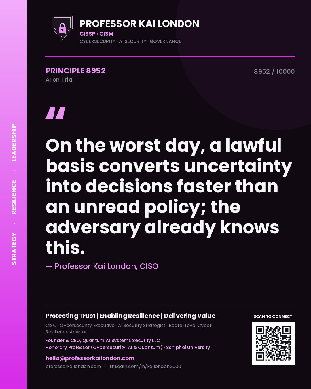 Professor Kai London principle 8952: On the worst day, a lawful basis converts uncertainty into decisions faster than an unread policy; the adversary already knows this.