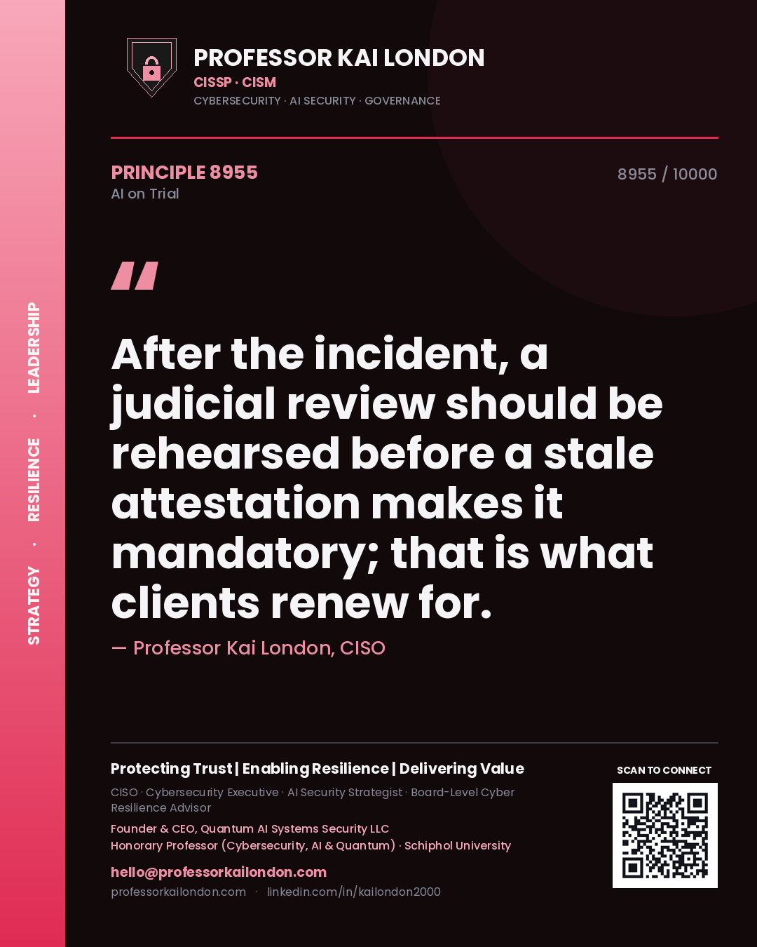 Quote card by Professor Kai London reading 'After the incident, a judicial review should be rehearsed before a stale attestation makes it mandatory; that is what clients renew for.'. From the book AI on Trial.