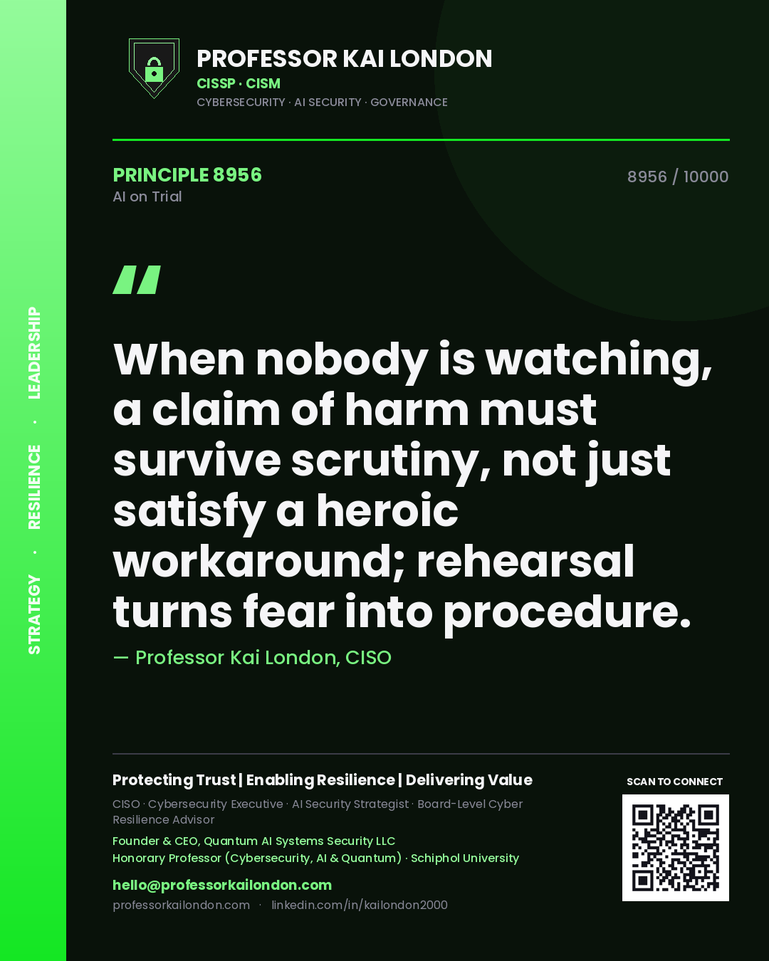 Professor Kai London principle 8956: When nobody is watching, a claim of harm must survive scrutiny, not just satisfy a heroic workaround; rehearsal turns fear into procedure.