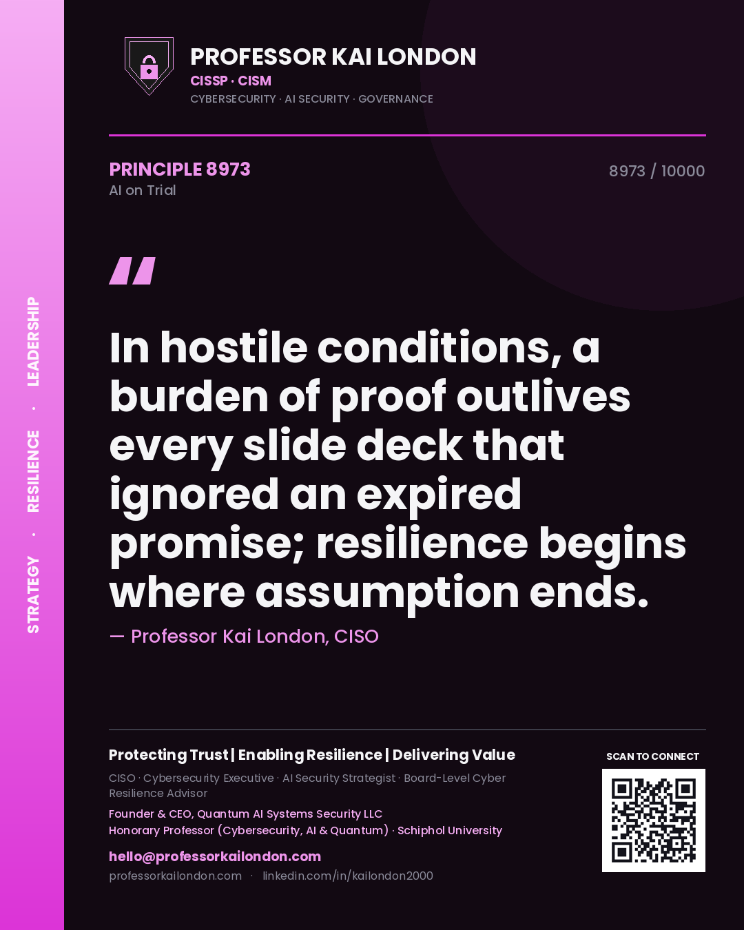 Professor Kai London principle 8973: In hostile conditions, a burden of proof outlives every slide deck that ignored an expired promise; resilience begins where assumption ends.