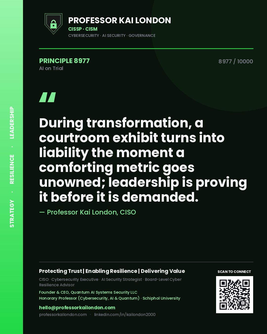 Quote card by Professor Kai London reading 'During transformation, a courtroom exhibit turns into liability the moment a comforting metric goes unowned; leadership is proving it before it is demanded.'. From the book AI on Trial.