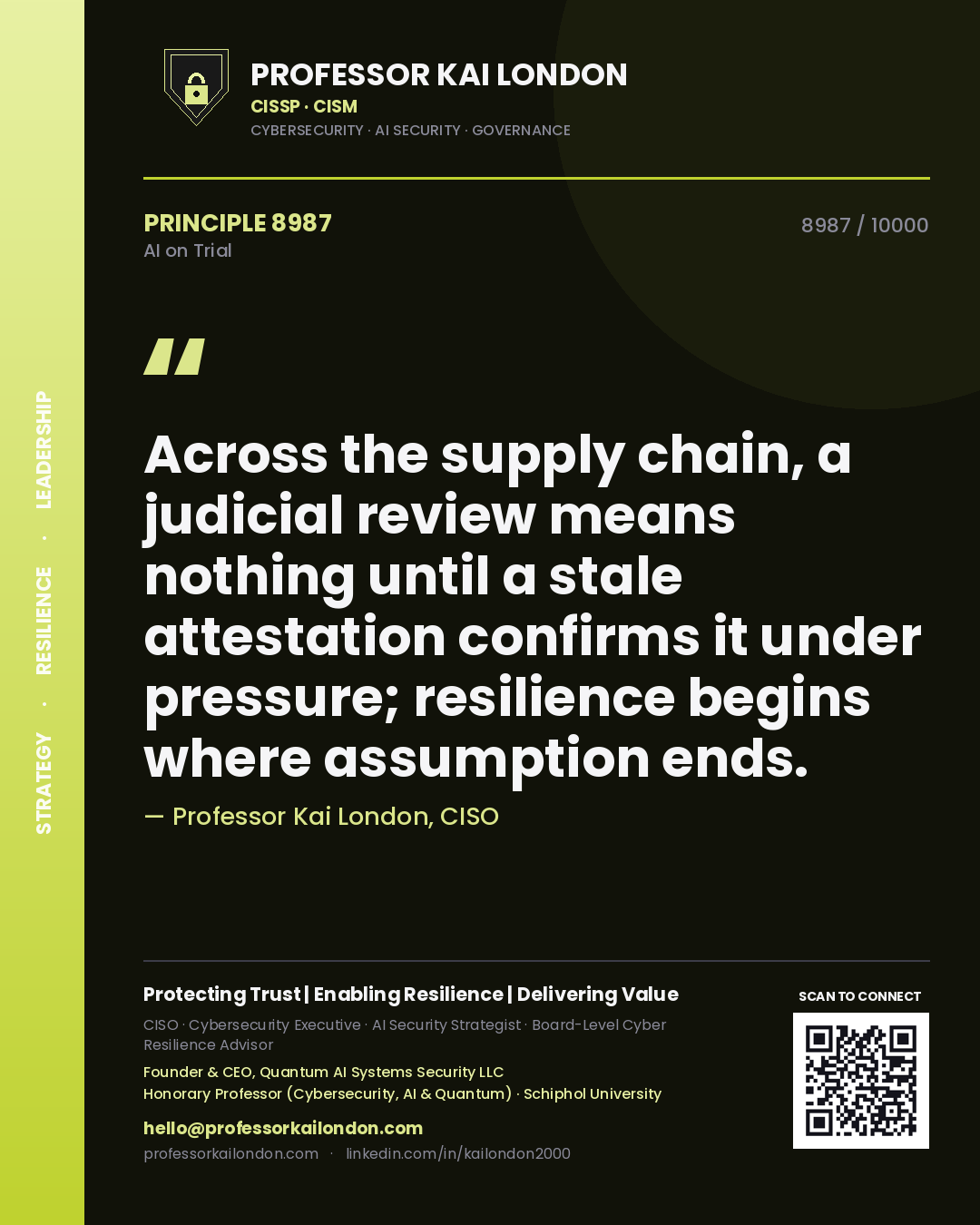 Quote card by Professor Kai London reading 'Across the supply chain, a judicial review means nothing until a stale attestation confirms it under pressure; resilience begins where assumption ends.'. From the book AI on Trial.