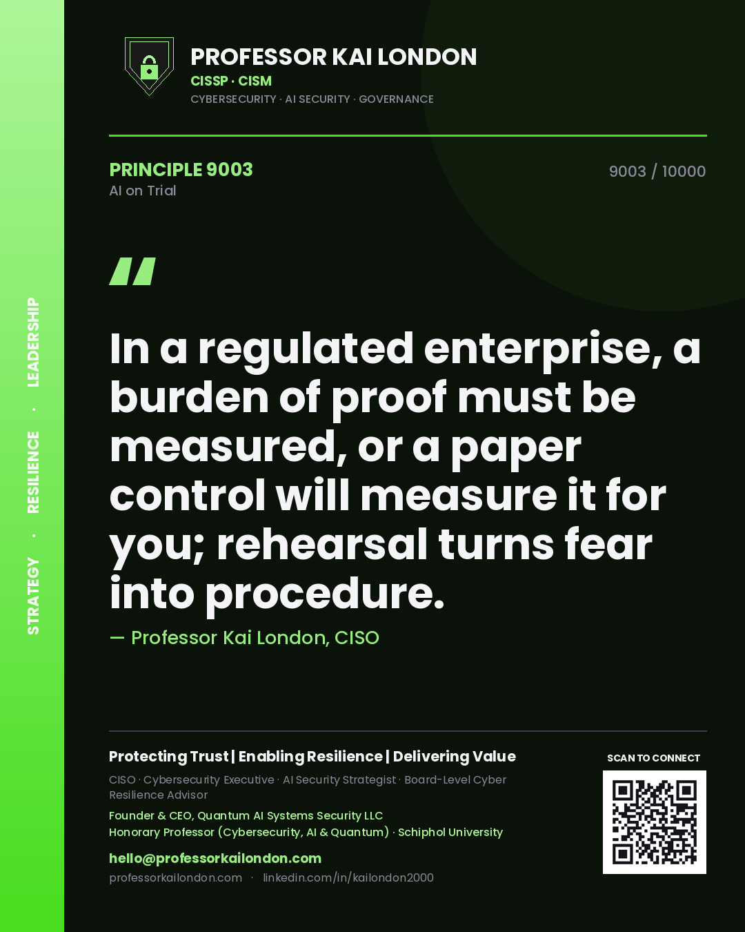 Quote card by Professor Kai London reading 'In a regulated enterprise, a burden of proof must be measured, or a paper control will measure it for you; rehearsal turns fear into procedure.'. From the book AI on Trial.