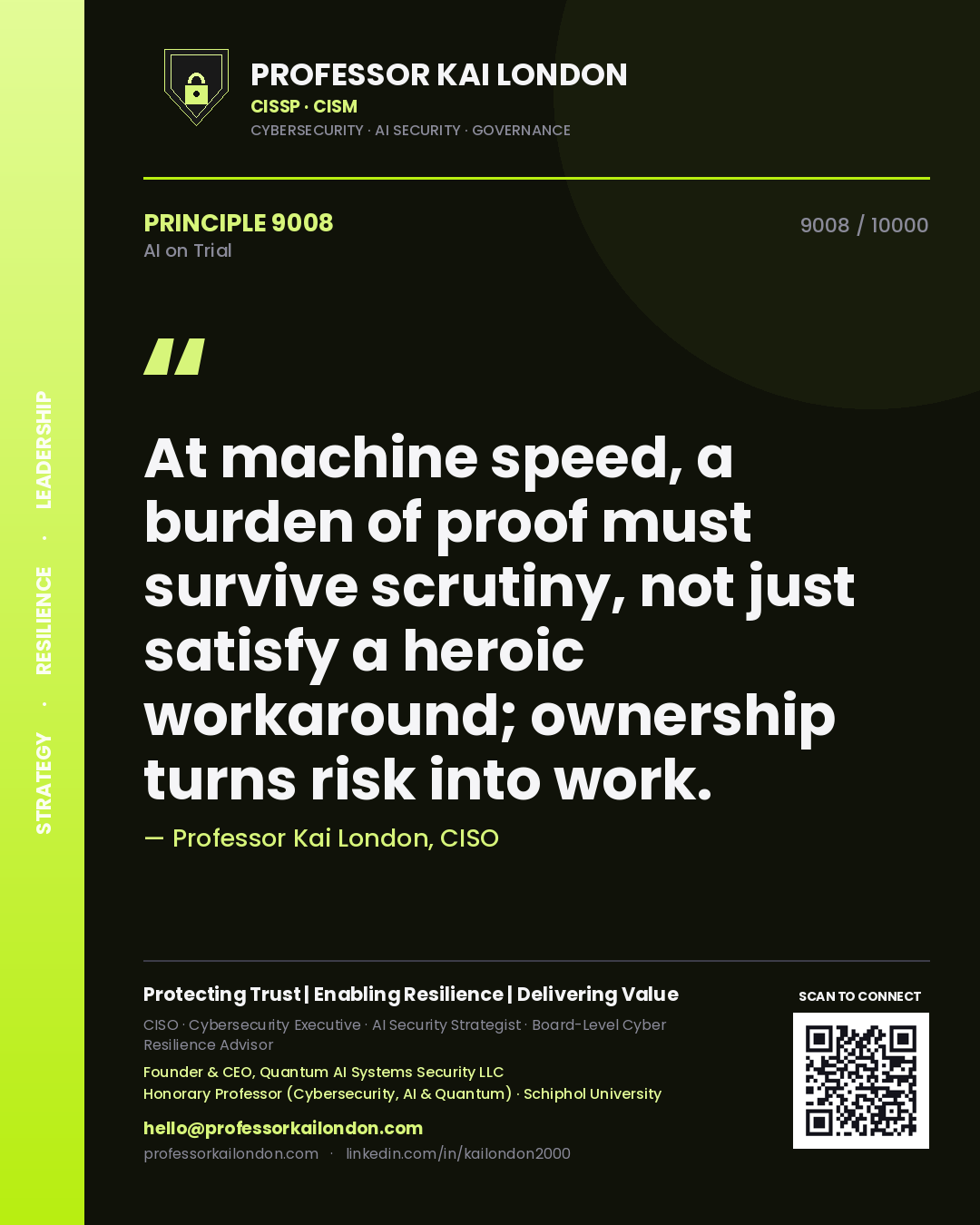 Quote card by Professor Kai London reading 'At machine speed, a burden of proof must survive scrutiny, not just satisfy a heroic workaround; ownership turns risk into work.'. From the book AI on Trial.
