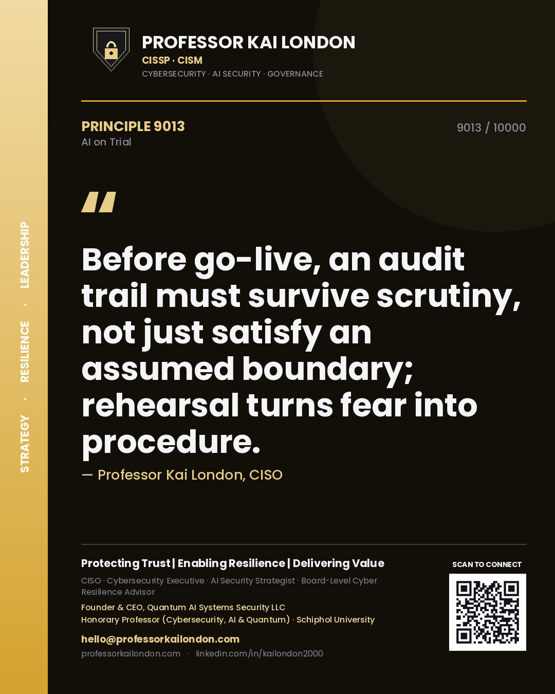 Quote card by Professor Kai London reading 'Before go-live, an audit trail must survive scrutiny, not just satisfy an assumed boundary; rehearsal turns fear into procedure.'. From the book AI on Trial.