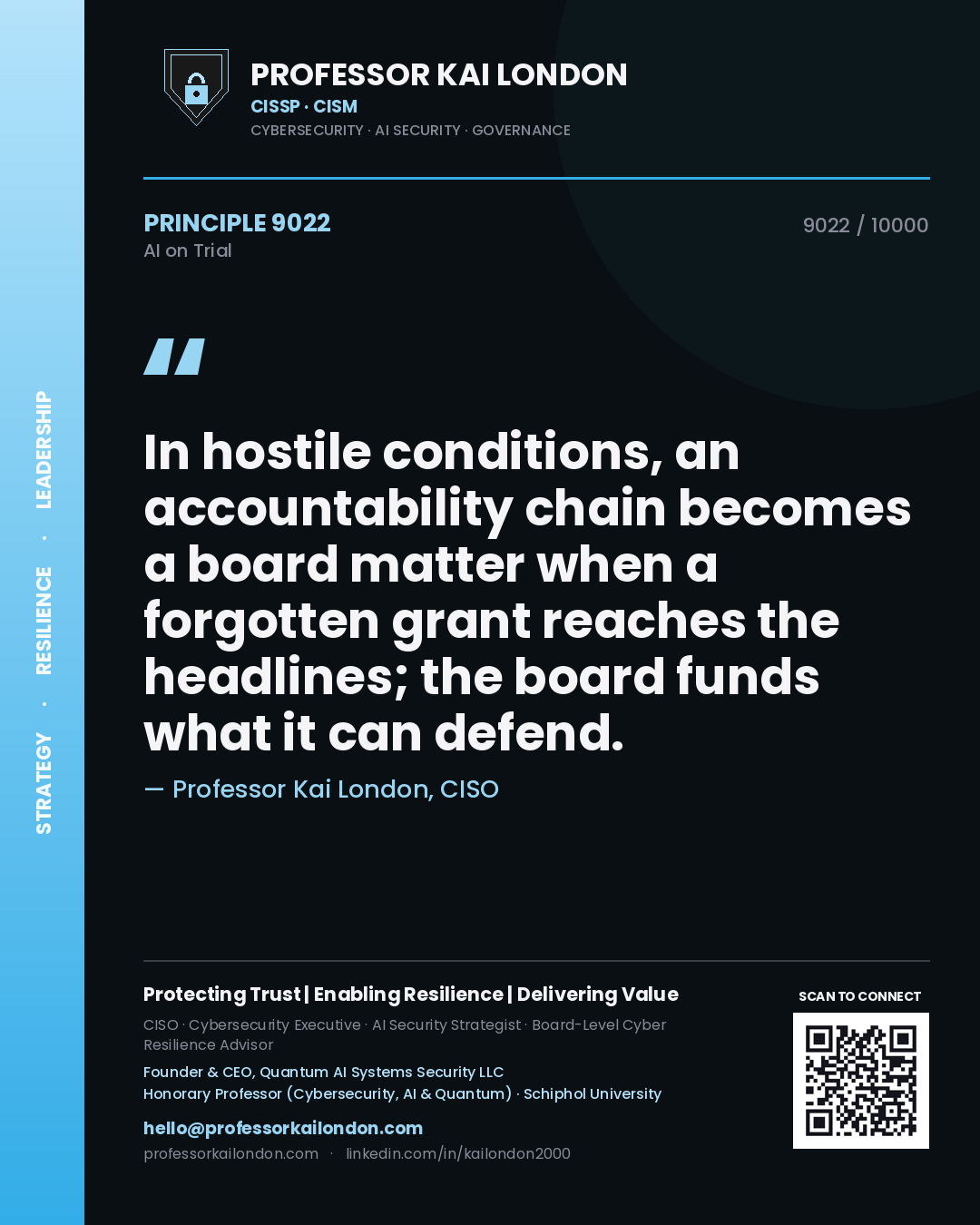 Quote card by Professor Kai London reading 'In hostile conditions, an accountability chain becomes a board matter when a forgotten grant reaches the headlines; the board funds what it can defend.'. From the book AI on Trial.