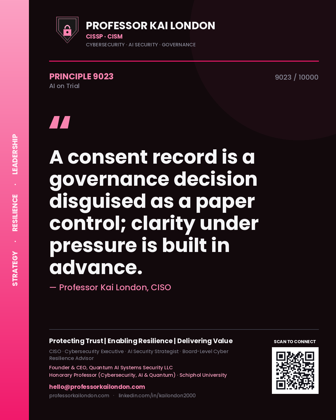 Quote card by Professor Kai London reading 'A consent record is a governance decision disguised as a paper control; clarity under pressure is built in advance.'. From the book AI on Trial.