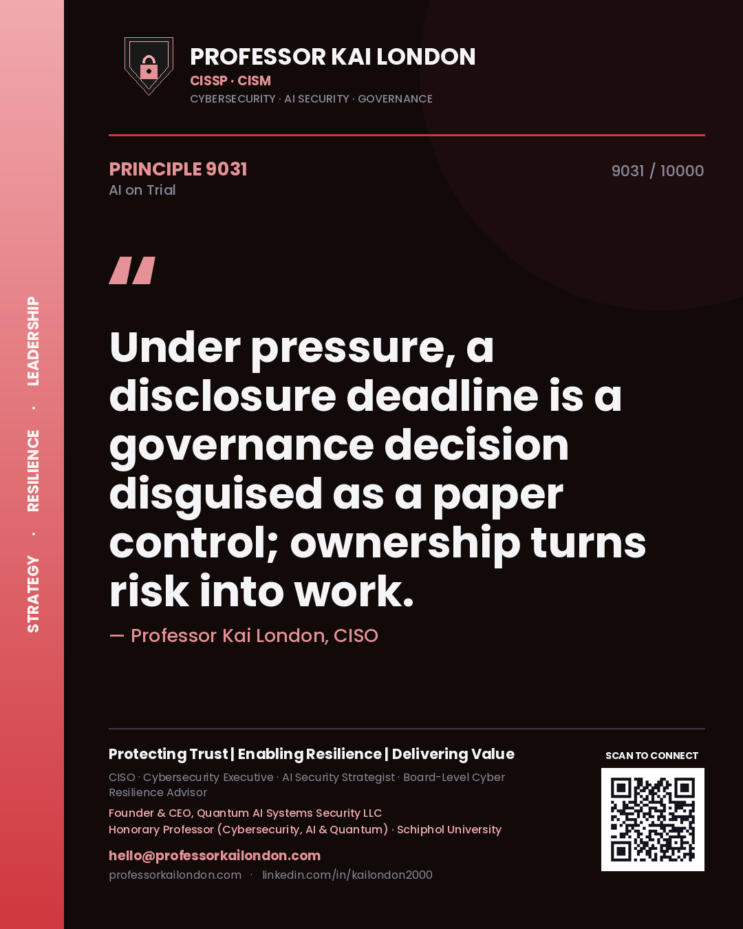 Quote card by Professor Kai London reading 'Under pressure, a disclosure deadline is a governance decision disguised as a paper control; ownership turns risk into work.'. From the book AI on Trial.