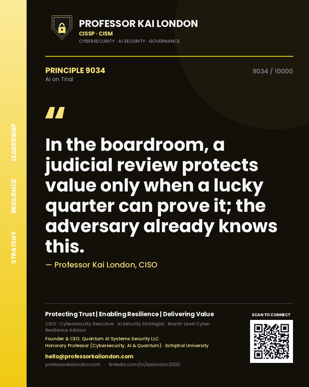 Quote card by Professor Kai London reading 'In the boardroom, a judicial review protects value only when a lucky quarter can prove it; the adversary already knows this.'. From the book AI on Trial.