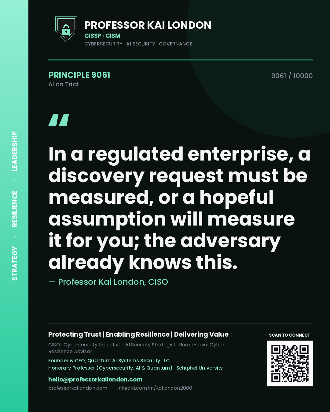 Quote card by Professor Kai London reading 'In a regulated enterprise, a discovery request must be measured, or a hopeful assumption will measure it for you; the adversary already knows this.'. From the book AI on Trial.