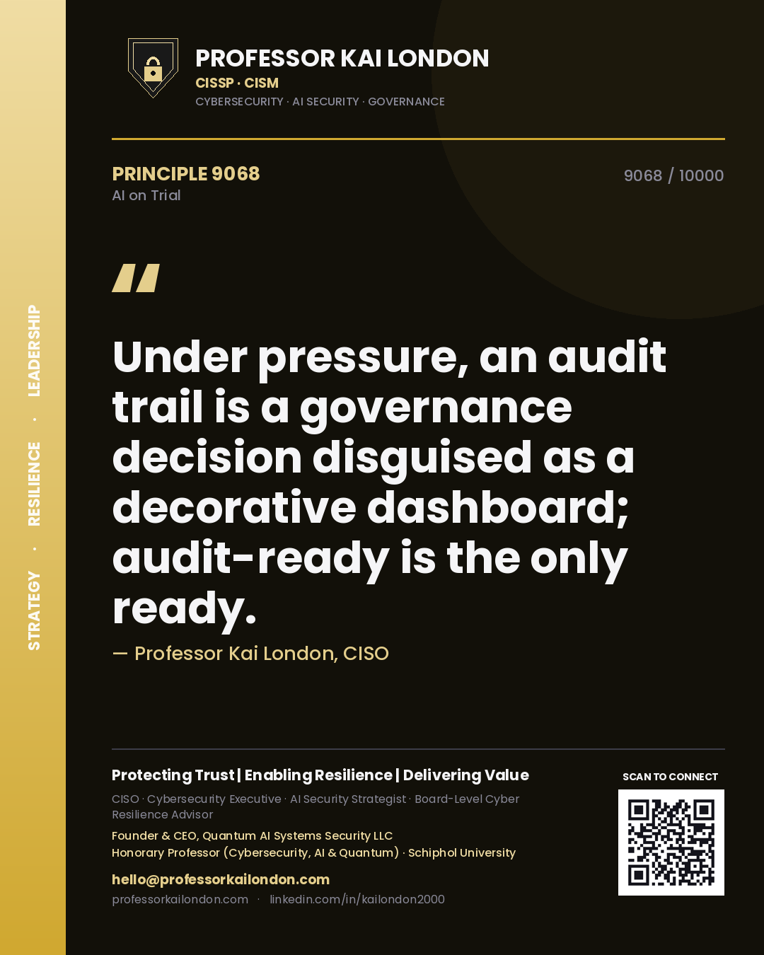 Quote card by Professor Kai London reading 'Under pressure, an audit trail is a governance decision disguised as a decorative dashboard; audit-ready is the only ready.'. From the book AI on Trial.